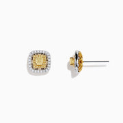 The Canare 18K Two Tone Gold Double Halo Yellow Diamond Stud Earrings (0.76 TCW) feature a cluster of yellow diamonds at the center, bordered by small white stones, set against a plain white background.