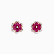 The Nature 14K Rose Gold Ruby Flower Stud Earrings (2.28 TCW) feature deep pink ruby petals, a rose gold outline, and sparkling diamond accents along the edges, shown against a white background.