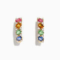 The Watercolors 14K Gold Multi Sapphire and Diamond Earrings, 2.48 TCW, feature pink, orange, green, and blue sapphires with sparkling diamond accents set in classic hoops on a white background.