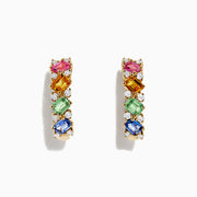The Watercolors 14K Gold Multi Sapphire and Diamond Earrings, 2.48 TCW, feature pink, orange, green, and blue sapphires with sparkling diamond accents set in classic hoops on a white background.