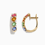 The Watercolors 14K Gold Multi Sapphire and Diamond Earrings, 2.48 TCW, feature pink, orange, green, and blue sapphires with sparkling diamond accents set in classic hoops on a white background.