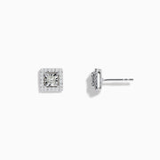 14K White Gold Square Diamond Halo Stud Earrings, featuring a central princess-cut diamond encircled by round diamonds, total 0.46 TCW, displayed on a white background.