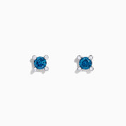Bella Bleu 14K White Gold Blue Diamond Stud Earrings, 0.53 TCW, feature round blue gemstones set in white gold prongs and accented with four small clear stones on each earring, shown against a white background.