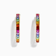 The Watercolors 14K Yellow Gold Multi Sapphire 1 Hoop Earrings (4.79 TCW) feature square-cut, multicolored sapphires in a vivid rainbow pattern, shown against a white background.