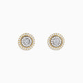 The Duo 14K Two Tone Gold 1/2 Diamond Halo Stud Earrings feature a central diamond cluster encircled by additional diamonds (0.69 TCW), set against a white background.