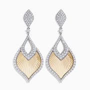 The 14K Two-Tone Textured Gold Diamond Statement Drop Earrings feature diamond-encrusted borders, leaf-shaped fan-textured beige centers, intricate openwork, and a sparkling finish.