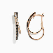 A pair of 14K Rose Gold Espresso and White Diamond Hoop Earrings (0.58 TCW) with intertwined loops—one set with white diamonds, the other with espresso diamonds—offering modern elegance on a white background.