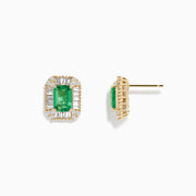 The 14K Yellow Gold Baguette Diamond Halo Emerald Stud Earrings feature rectangular green emerald centers framed by small diamonds and baguette-cut stones.