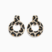 The Signature 14K Yellow Gold Black and White Diamond Spot Earrings feature a leopard print pattern with black, white, and yellow gemstones, highlighting the beauty of diamond earrings against a plain white background.