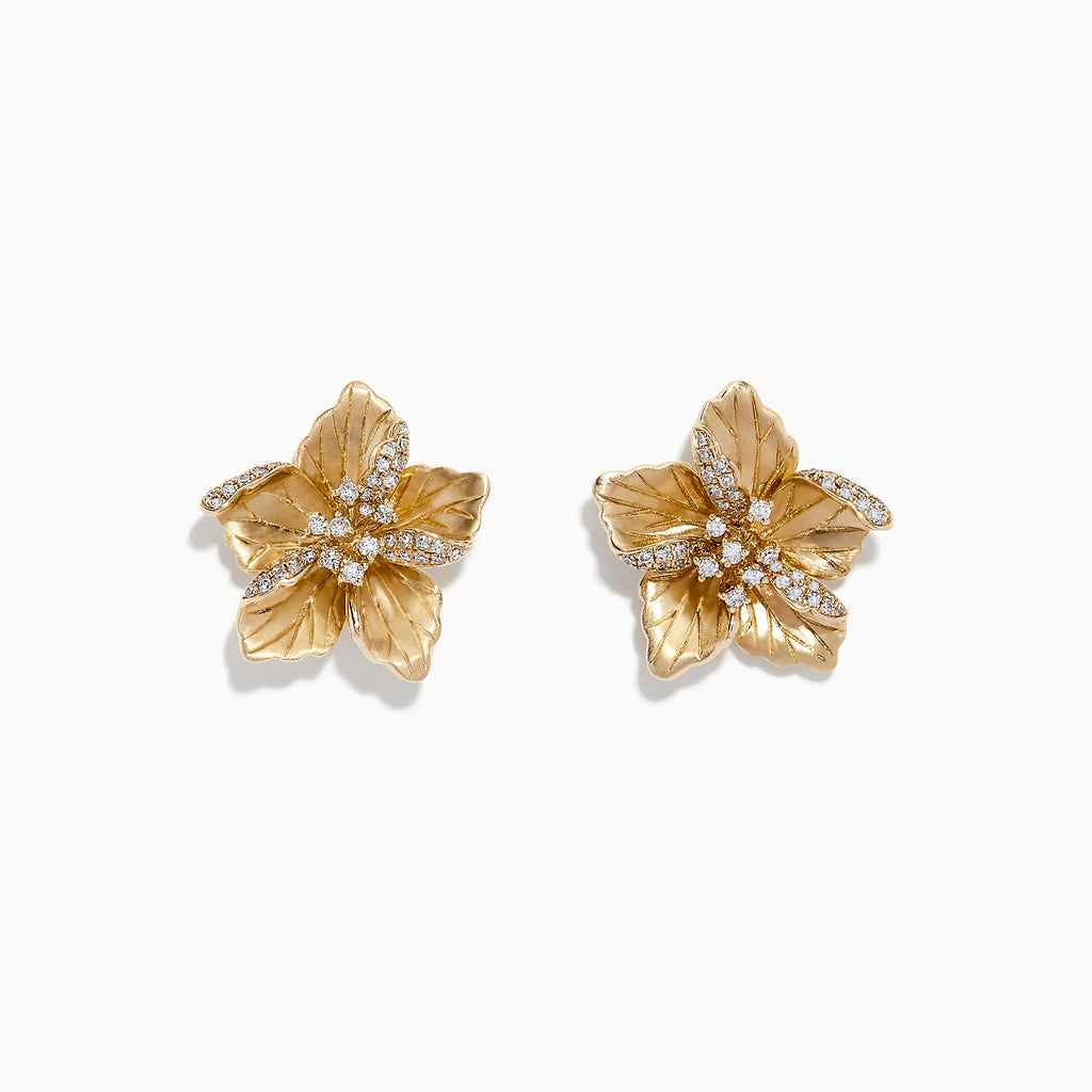 Nature 14K Yellow Gold Diamond Flower Earrings, 0.32 TCW, feature intricate petals adorned with sparkling diamonds on select petals and at the center.