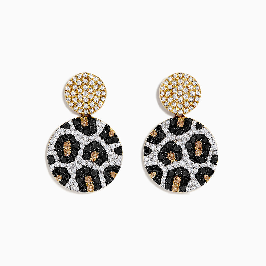 A pair of 14K Gold Black, Espresso, and White Diamond Panther Spot Drop Earrings (1.57 TCW), featuring double discs with panther spots and sparkling diamonds, displayed on a plain white background.