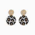A pair of 14K Gold Black, Espresso, and White Diamond Panther Spot Drop Earrings (1.57 TCW), featuring double discs with panther spots and sparkling diamonds, displayed on a plain white background.