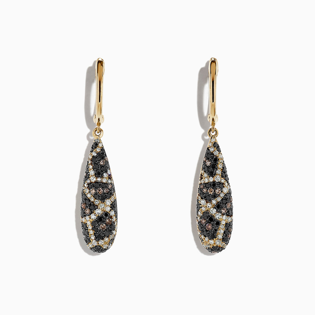 These 14K yellow gold drop earrings feature teardrop pendants with an intricate espresso, black, and white diamond design, totaling 1.26 TCW.