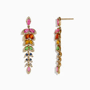 Watercolors 14K Gold Multi Sapphire and Diamond Earrings, 3.65 TCW, showcase leaf-shaped sapphires in pink, orange, green, blue, and clear hues arranged in a cascading design with elegant gold settings.