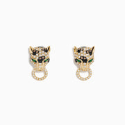 The Brasillica 14K Yellow Gold Emerald, Espresso and White Diamond Earrings feature panther heads with emerald eyes, espresso and white diamonds, each holding a sparkling circular ring.