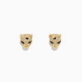 Signature 14K Gold Emerald and Diamond Panther Earrings (0.35 TCW) shaped like panther heads with black eye and nose detailing, featuring dazzling diamonds on the forehead and ears.