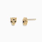 Signature 14K Gold Emerald and Diamond Panther Earrings (0.35 TCW) shaped like panther heads with black eye and nose detailing, featuring dazzling diamonds on the forehead and ears.