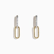The DOro 14K Yellow Gold Diamond Paperclip Earrings, 0.12 TCW, feature a vertical diamond-studded bar and a twisted gold oval hoop, elegantly crafted in 14K yellow gold and shown on a white background.