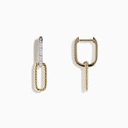 The DOro 14K Yellow Gold Diamond Paperclip Earrings, 0.12 TCW, feature a vertical diamond-studded bar and a twisted gold oval hoop, elegantly crafted in 14K yellow gold and shown on a white background.