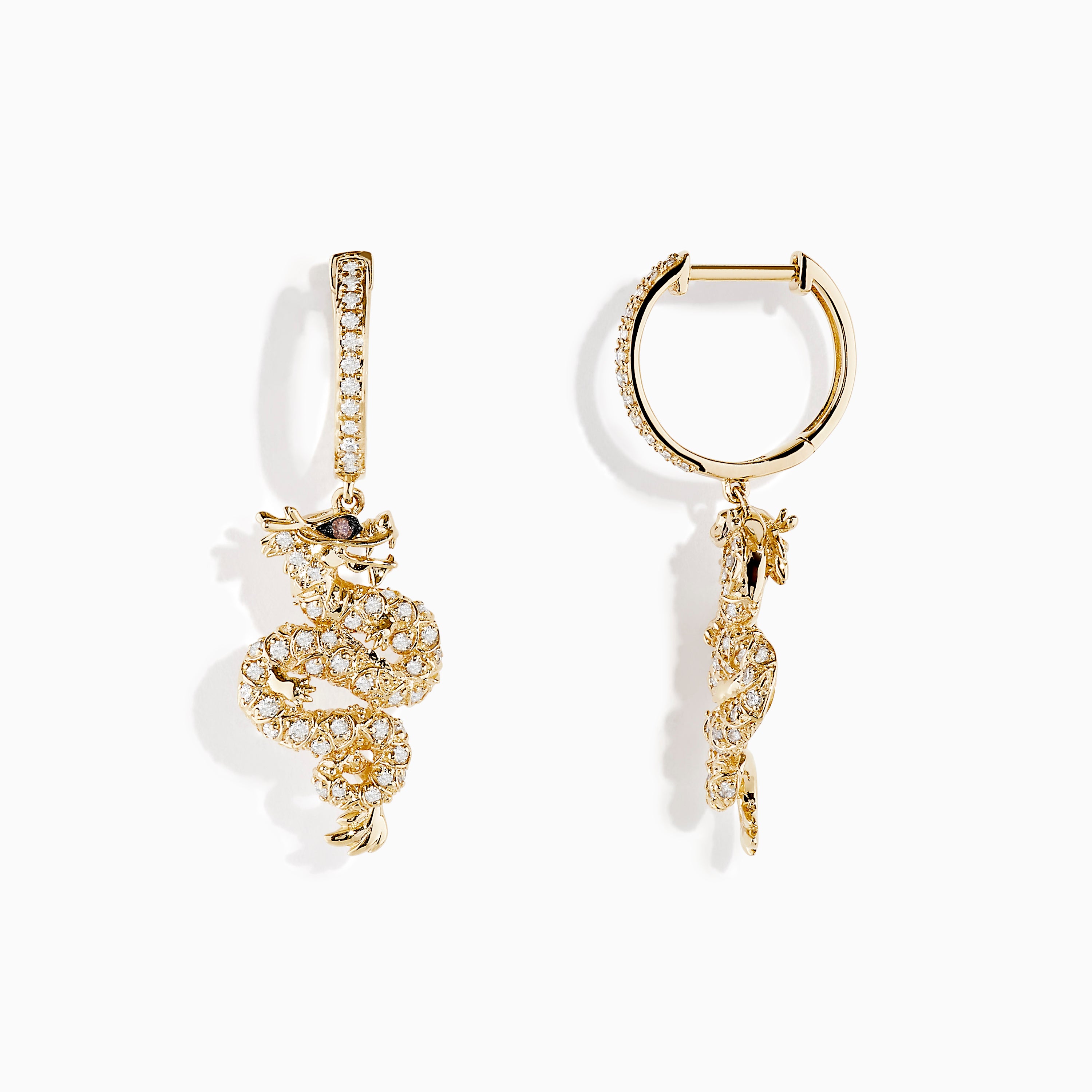 Safari 14K Yellow Gold Espresso and White Diamond Dragon Earrings feature intricate dragon shapes, crafted in 14K yellow gold with espresso and white diamonds, displayed against a white background.