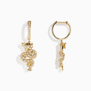 Safari 14K Yellow Gold Espresso and White Diamond Dragon Earrings feature intricate dragon shapes, crafted in 14K yellow gold with espresso and white diamonds, displayed against a white background.