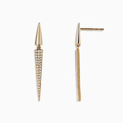 DOro 14K Yellow Gold Geometric Drop Earrings feature pointed, elongated triangles with 0.28 TCW diamonds sparkling on the lower half, shown against a white background.