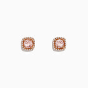 The Blush 14K Rose Gold Morganite and Diamond Stud Earrings, 1.12 TCW, feature square light pink morganite gems with a halo of sparkling diamonds in rose gold, shown on a white background.