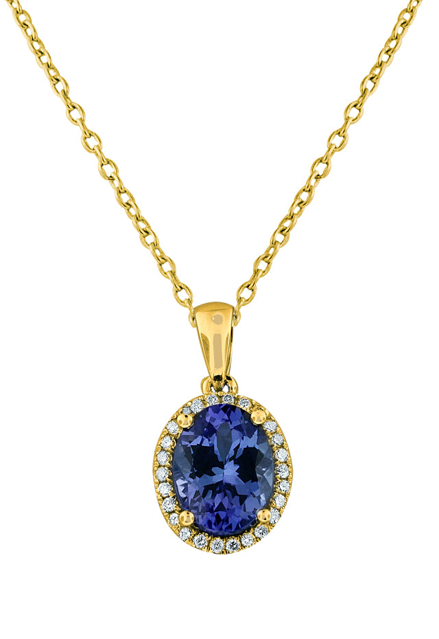 A 14K yellow gold necklace featuring a round tanzanite and diamond pendant (1.86 TCW) in a radiant gold setting.