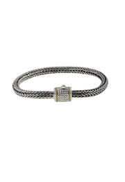 The 925 Sterling Silver and 18K Yellow Gold Diamond Bracelet (0.14 TCW) features a woven chain, square clasp with sparkling diamonds, and yellow gold accents, showcased against a white background.