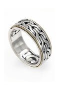 The 925 Sterling Silver and 18K Yellow Gold Mens Band Ring showcases a raised wave pattern and fine gold rope edging, all set against a crisp white background.