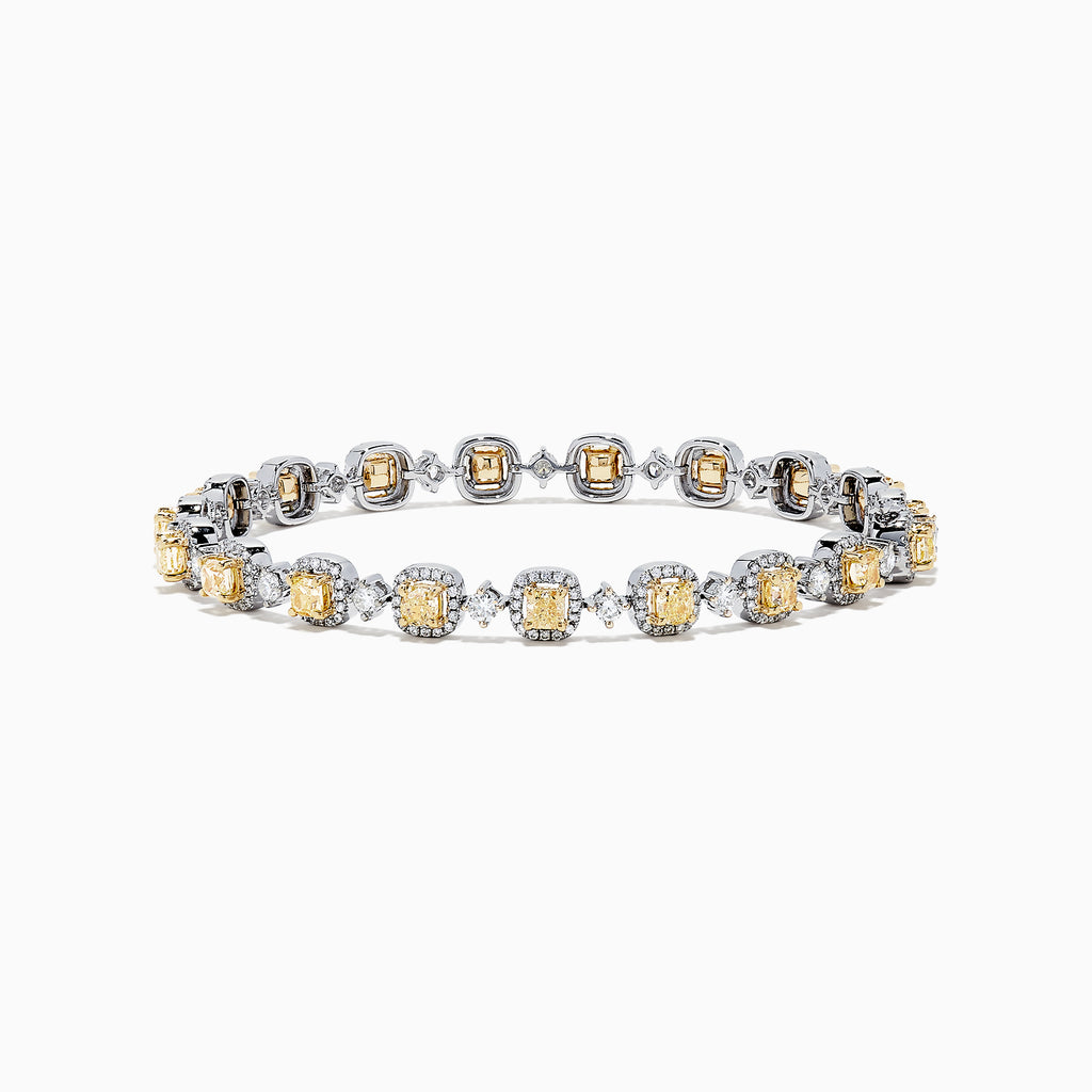 The Canare 18K Gold Yellow & White Diamond Tennis Bracelet, 4.71 TCW, showcases alternating square yellow and round white diamonds for a stunning, eye-catching pattern against a sleek white background.