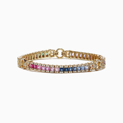 The Watercolors 14K Yellow Gold Multi-Sapphire and Dia Bracelet, 7.66 TCW, showcases square-cut sapphires in a pink-to-blue gradient bordered by round diamonds for a vibrant, elegant look.