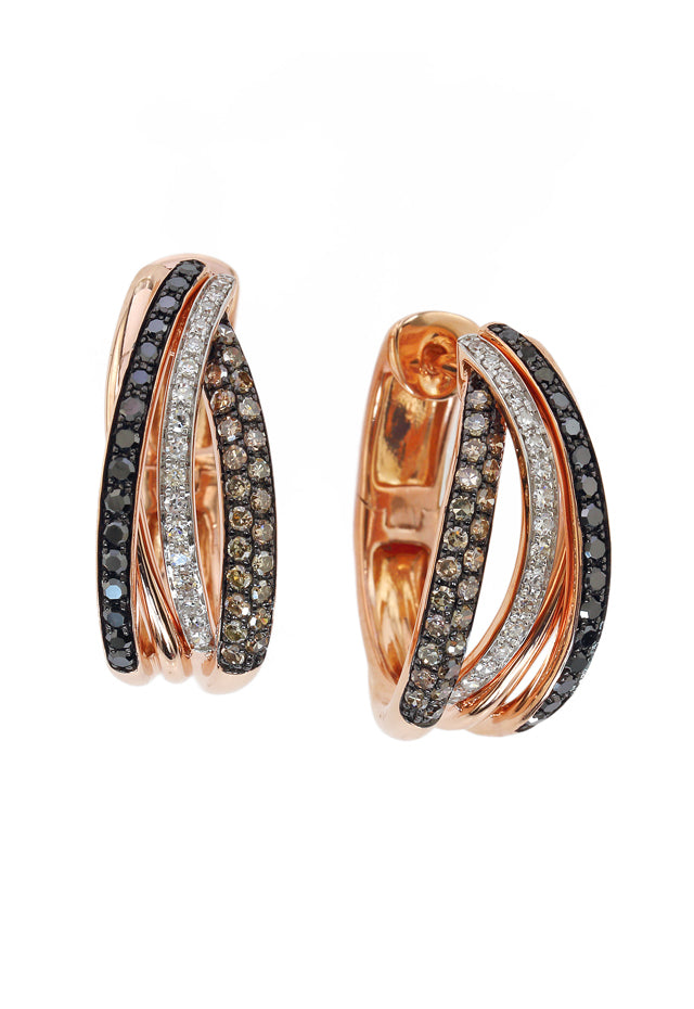 14K Rose Gold Earrings featuring intertwined bands adorned with black, espresso, and white diamonds, set against a white background.