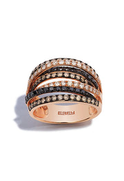 The Confetti 14K Rose Gold Black, White and Espresso Diamond Ring dazzles with a 1.36 TCW of multicolored diamonds in intertwining rows on a rose gold band.