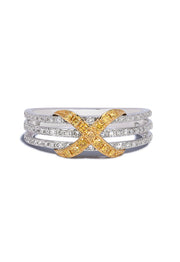The Canare 14K 2-Tone Gold Yellow and White Diamond Band, 0.35 TCW, features three silver bands with small diamonds and a bold gold X shape set with yellow and white diamonds at the center.