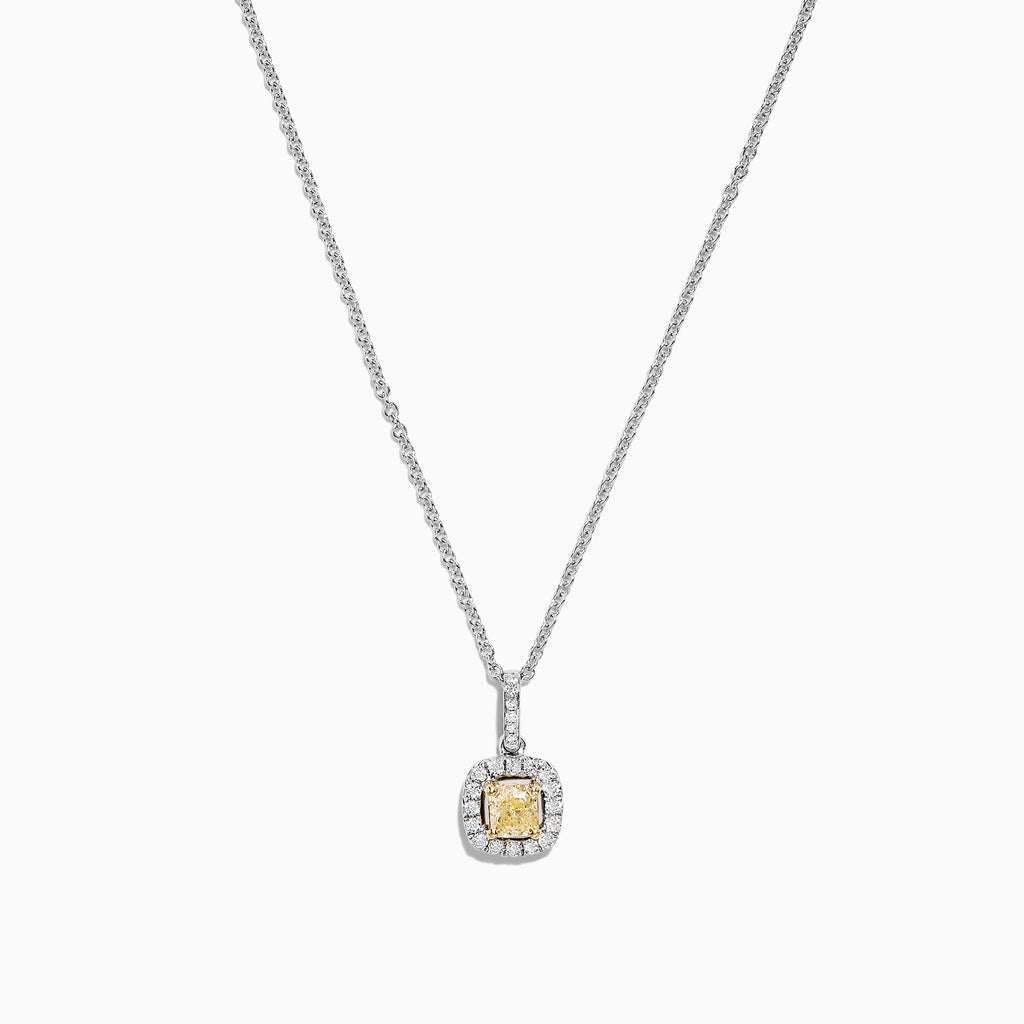 The Canare 18K Two-Tone Gold Cushion Cut Yellow Diamond Pendant (0.52 TCW) features a yellow diamond in a cushion cut, haloed by clear stones and suspended from a fine two-tone gold chain.