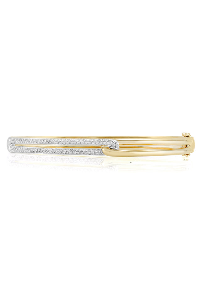 The Duo 14K Yellow and White Gold Diamond Bangle, 0.60 TCW, features two parallel bands—one yellow gold, one diamond-accented white gold—joined at the ends for a refined and modern overlapping style.