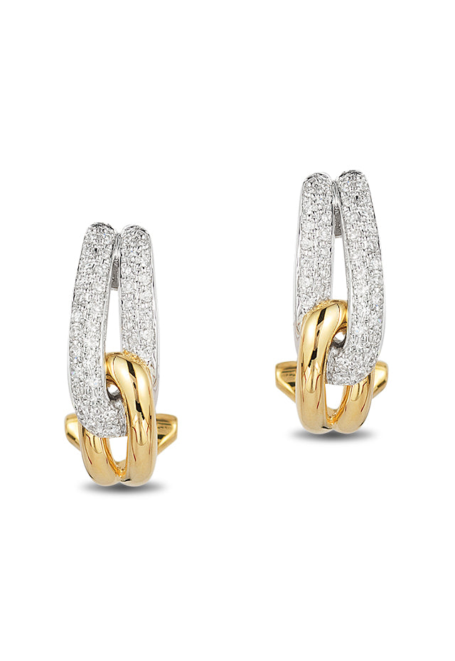 The Duo 14K Yellow and White Gold Diamond 5/8 French Clip Earrings, 0.31 TCW, feature intertwined gold and silver loops with diamond accents, shown against a white background.