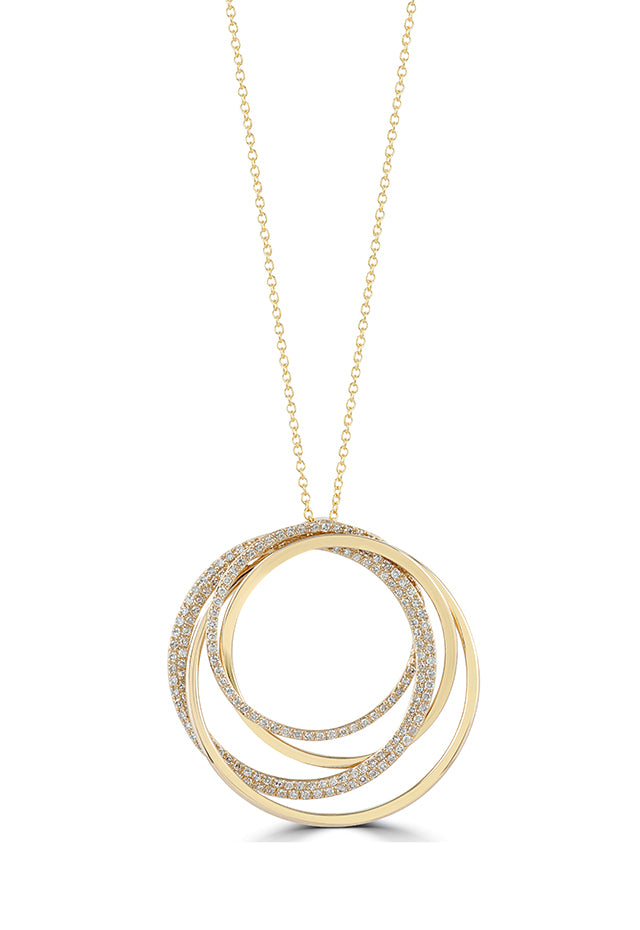 The DOro 14K Yellow Gold Diamond Circles Pendant (0.70 TCW) features three interlocking rings—two adorned with sparkling diamonds—for a refined, elegant look.