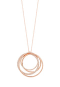The Pave Rose 14K Rose Gold Diamond Circles Pendant, 0.70 TCW features three interlocking circles—two adorned with diamonds and one plain—hanging from a delicate chain on a white background.