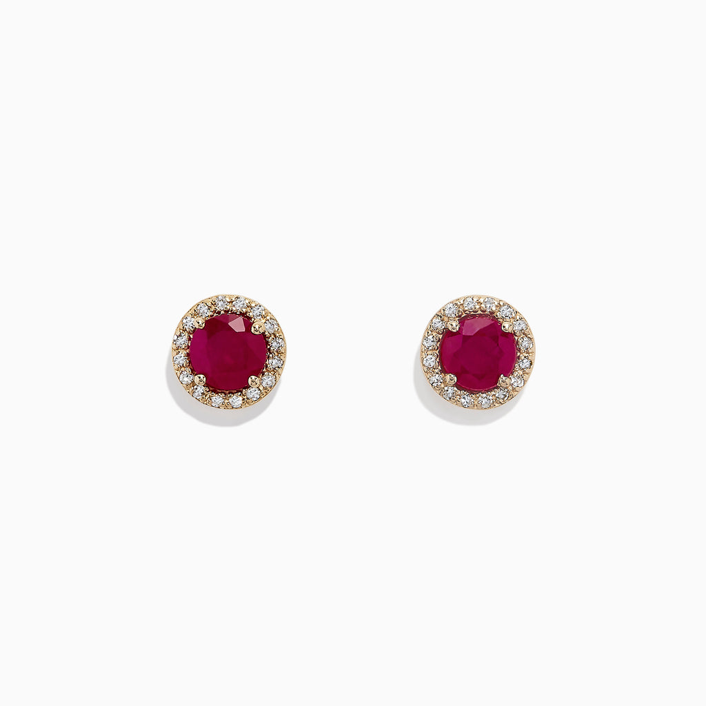 Ruby Royale 14K Yellow Gold Round Diamond Halo Ruby Stud Earrings, 1.27 TCW, feature vibrant red rubies at the center of each stud, surrounded by a sparkling diamond halo, all set against a plain white background.