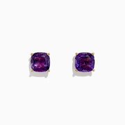 A pair of 14K Yellow Gold Amethyst Stud Earrings, 4.25 TCW, with cushion-cut gems set in prongs, displayed against a plain white background.