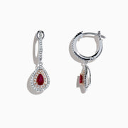 Ruby Royale 14K Two Tone Gold Pear Shaped Ruby Drop Earrings, 0.87 TCW, feature pear-shaped red rubies surrounded by two rows of white diamonds and diamond accents on the hooks, set in gold and shown on a white background.