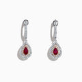 Ruby Royale 14K Two Tone Gold Pear Shaped Ruby Drop Earrings, 0.87 TCW, feature pear-shaped red rubies surrounded by two rows of white diamonds and diamond accents on the hooks, set in gold and shown on a white background.