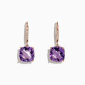 14K Rose Gold Amethyst and Diamond Earrings, 8.12 TCW, featuring cushion-cut amethysts and round diamonds set on the hooks, pictured against a white background.