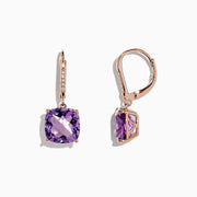 14K Rose Gold Amethyst and Diamond Earrings, 8.12 TCW, featuring cushion-cut amethysts and round diamonds set on the hooks, pictured against a white background.