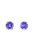 The 14K Yellow Gold Round Tanzanite Stud Earrings feature 0.65 TCW faceted stones in classic four-prong settings, shown against a white background.