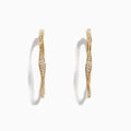 A pair of DOro 14K Yellow Gold 1 1/4 Diamond Wave Hoop Earrings, 0.25 TCW, with a twisted design and white diamonds along the front, displayed on a white background.