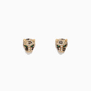 The Signature 14K Yellow Gold Diamond Panther Stud Earrings, 0.37 TCW, feature panther head designs with sparkling clear and green gemstones, shown against a white background.