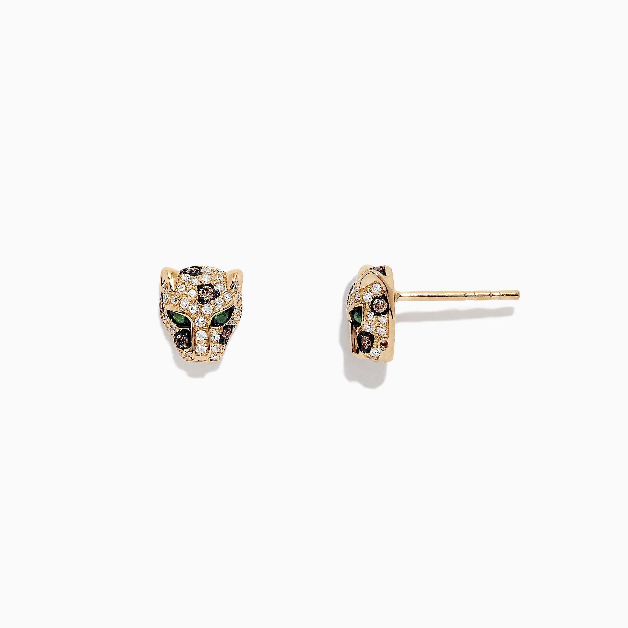 The Signature 14K Yellow Gold Diamond Panther Stud Earrings, 0.37 TCW, feature panther head designs with sparkling clear and green gemstones, shown against a white background.